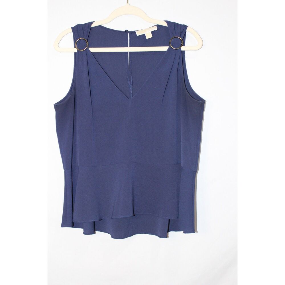 MIchael Kors Blue V-Neck Sleveless Peplum Top Gold Trim L - Picture 3 of 5